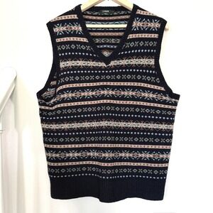J.Crew Y2K Sweater Vest Mens L Vintage Navy Fair Isle 100% Lambswool Academia